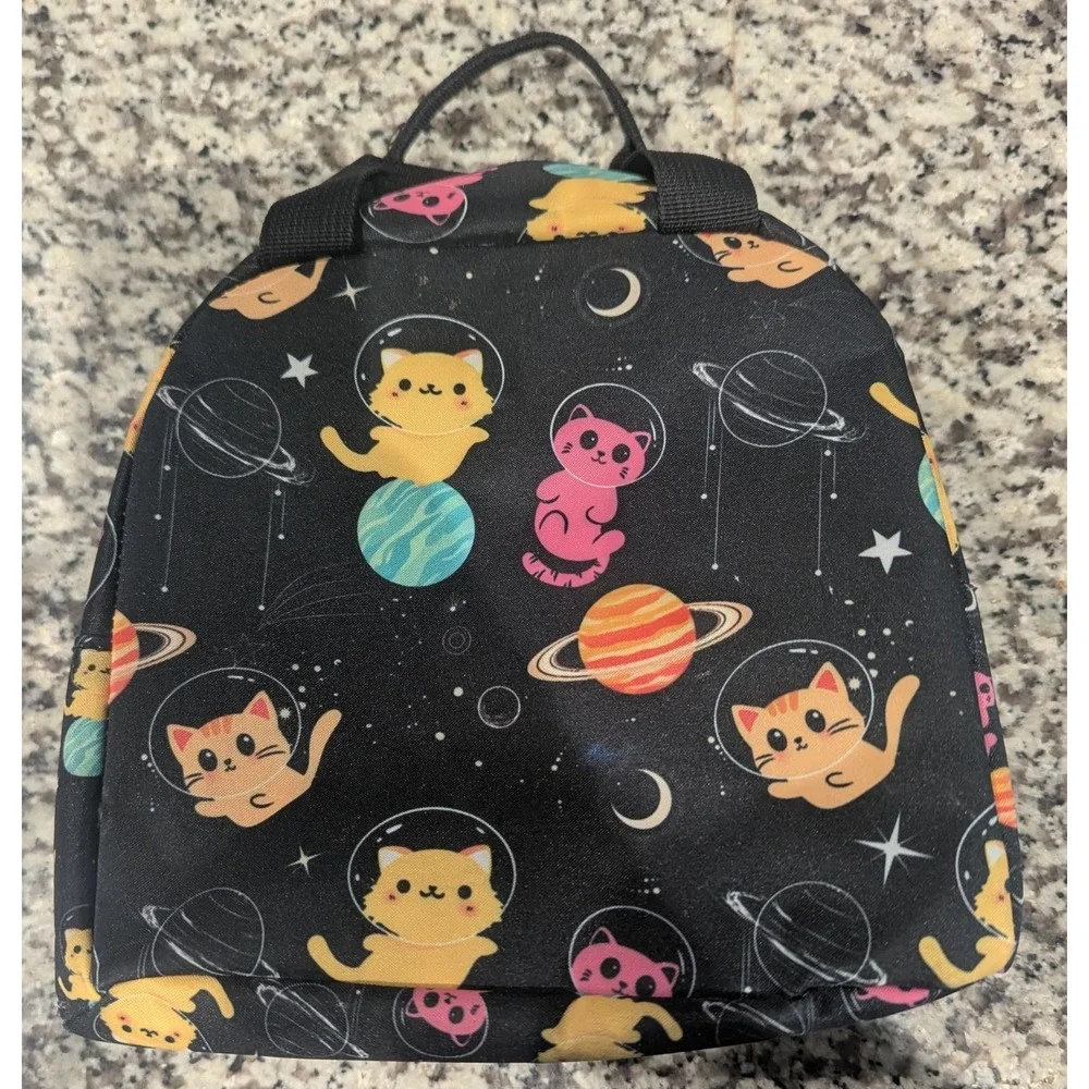 Space Galaxy Cat Kitty Insulated Lunch Bag Black